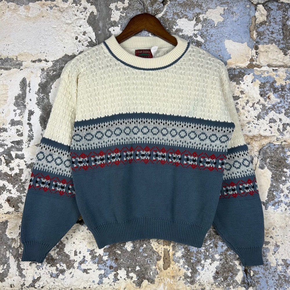 Vintage High Sierra Sweater Cream Blue Fair Isle Knit Youth Large 14-16